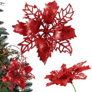 Kunstkerstbloemen, kerstboom bloemen met 15 clips, glitterbloemen, Kerstmis, kunstbloemen voor Kerstmis (rood)