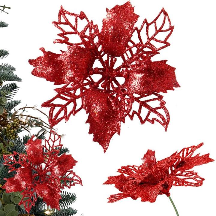Kunstkerstbloemen, kerstboom bloemen met 15 clips, glitterbloemen, Kerstmis, kunstbloemen voor Kerstmis (rood)