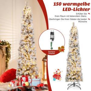 Kunstkerstboom, in potlood-vorm, 180 cm, met sneeuw en verlichting, 150 leds in warm wit, smalle kerstboom met metalen standaard, kunstboom voor Kerstmis van pvc, wit