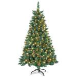 Kunstkerstboom, kunstkerstboom met verlichting, 180 cm, kunstkerstboom met 250 leds en standaard, kunstkerstdecoratie, met sneeuw en dennenappels