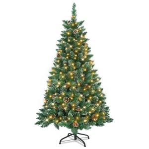 Kunstkerstboom, kunstkerstboom met verlichting, 180 cm, kunstkerstboom met 250 leds en standaard, kunstkerstdecoratie, met sneeuw en dennenappels