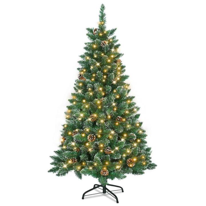Kunstkerstboom, kunstkerstboom met verlichting, 180 cm, kunstkerstboom met 250 leds en standaard, kunstkerstdecoratie, met sneeuw en dennenappels