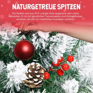 arivoo Binja Opvouwbare kerstboom, versierd met 500 takken, 24 dennenappels, 18 bessen en standaard, buigbare pvc-punten met sneeuwvlokken, moeilijk ontvlambaar (H150 cm)