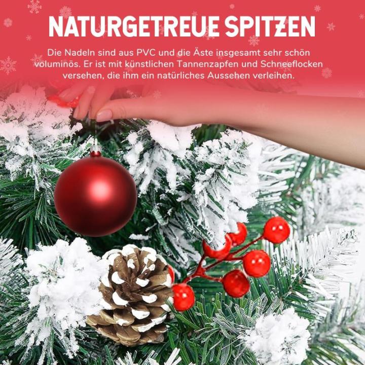 arivoo Binja Opvouwbare kerstboom, versierd met 500 takken, 24 dennenappels, 18 bessen en standaard, buigbare pvc-punten met sneeuwvlokken, moeilijk ontvlambaar (H150 cm)