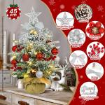 Mini-kerstboom met led, 45 cm kleine kerstboom, versierd met kunstsneeuw en ornamenten, mini-dennenboom voor kerstdecoratie, rood zilver