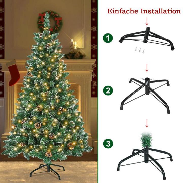 Kunstkerstboom met verlichting, wit, sneeuweffect, dennenappels, led-dennenboom, groene pvc, met metalen standaard, voor kerstdecoratie, 210 cm