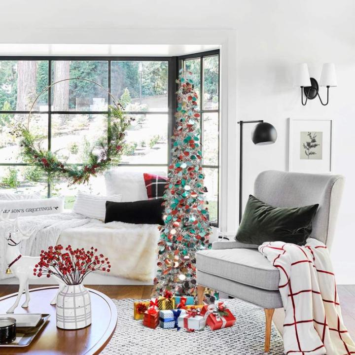 Kunstkerstboom met standaard, 1,5 m, opvouwbare pop-up kerstboom met pailletten voor Kerstmis, feestbenodigdheden, huisdecoratie, zilverkleurig