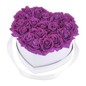 Rozenbox hart, 18 rozen, stabiele bloemenbox, wit, 10 jaar houdbaar, cadeau-idee, decoratieve bloemenbox, paars