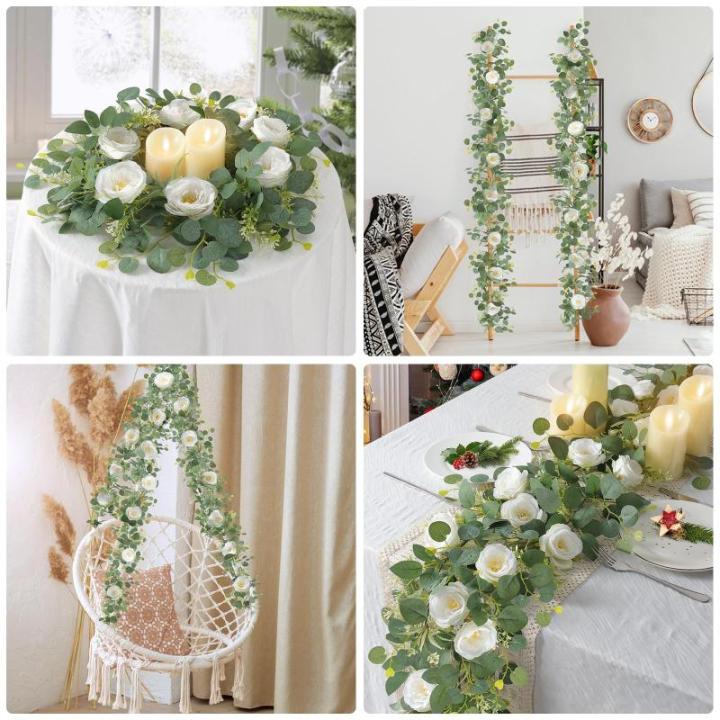 2 stuks bloemenkrans, witte zijden rozenslinger, hangende klimop, slinger, kunstmatige eucalyptusslinger, lentedecoratie, plant voor achtergrond, tafel, bruiloft, feest, decoratie
