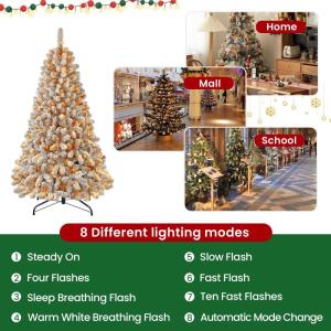 210 cm kerstboom kustlich met verlichting, led witte decoratie met 8 lichtmodi, 350 warmwitte lampen, opvouwbare standaard, sneeuwtakpunten voor feestdecoratie thuis