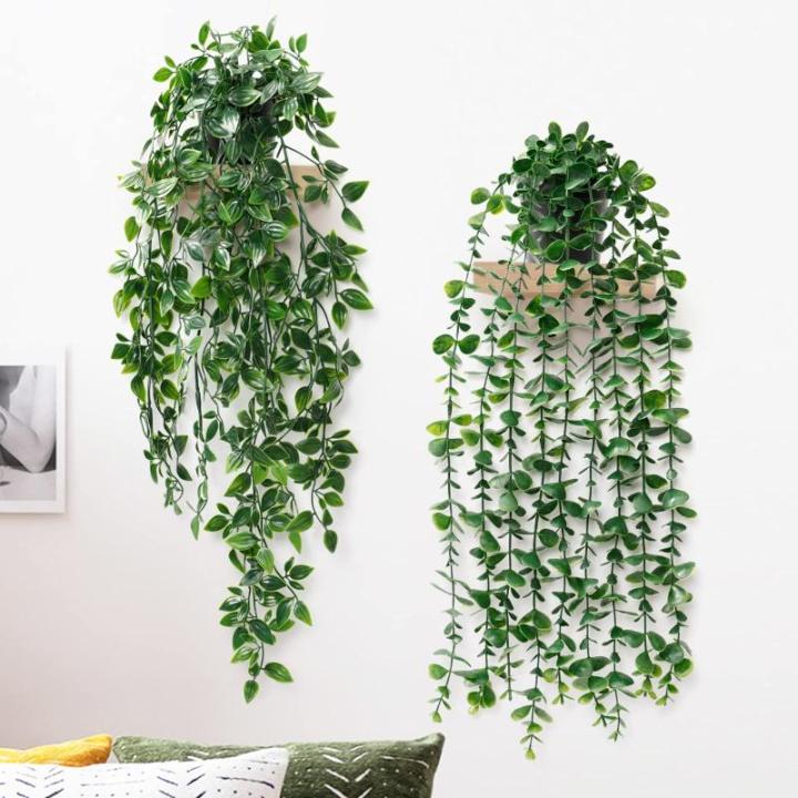 2 stuks kunsthangplanten met potten, 50 cm lange kunstmatige klimopranken, eucalyptusbladeren, mandala, groene potplanten voor thuis, binnen en buiten decoratie