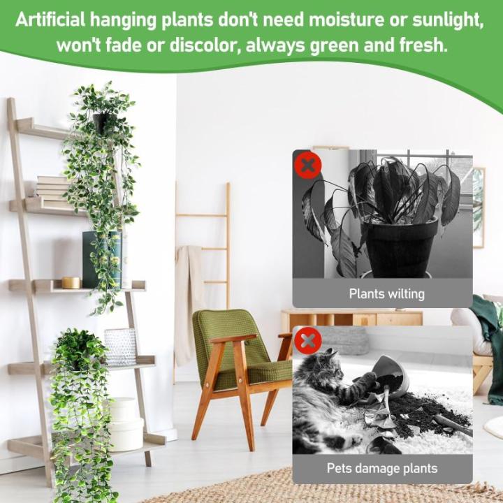 Kunstplant 3 stuks, , hangend met potten, , wijnstok, decoratie, woonkamer, hangend, plastic planten voor binnen en buiten, tuindecoratie (groen)