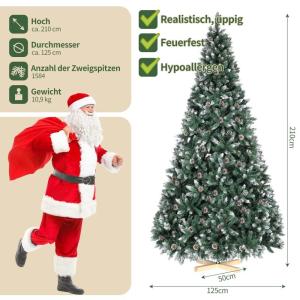 Nordmann Kunstkerstboom met sneeuweffect, kunstkerstboom met handgemaakte houten standaard, sneeuw, 39 dennenappels en 1584 punten, eenvoudig te monteren