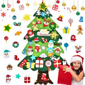 Vilten kerstboom voor kinderen, 3,3FT DIY muur opknoping kerstboom set, kinderen vilten kerstboom met 34 ornamenten en 5 m licht touw, ideaal voor thuis deur raam decoratie
