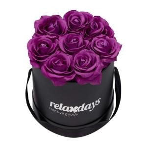 Rozenbox rond, 8 rozen, stevige bloemendoos zwart, 10 jaar houdbaar, cadeau-idee, decoratieve bloemenbox, paars, 17 x 17 x 17 cm