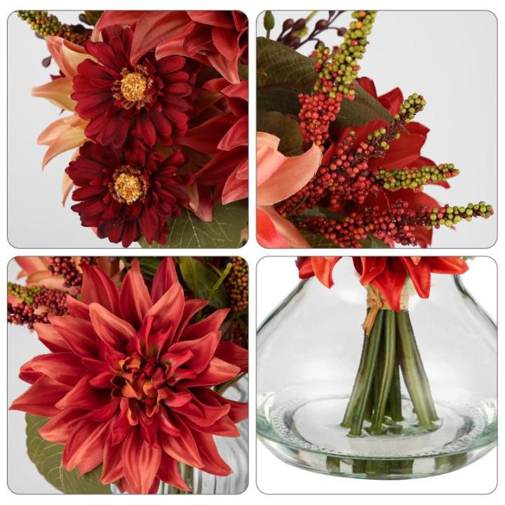 Dalia Kunstbloemen als echt in ovale glazen vaas met kunstwater, decoratieve bloemen, chrysant bloemstuk voor thuis, woonkamer, badkamer, herfst, decoratie