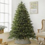 Vorbeleuchteter künstlicher Weihnachtsbaum mit Lichtern, Grüner Tannenbaum Christbaum mit Metallscharnieren,faltbarem Sockel und Baumkorb für Zuhause,Party,Büro,Bar,210CM/7FT