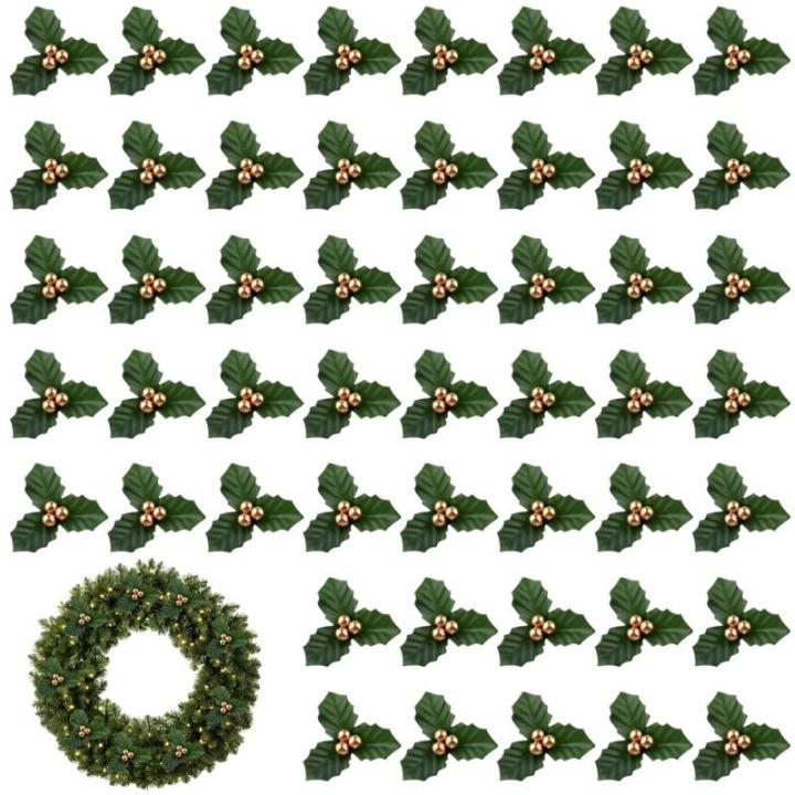 50pcs Gold Weihnachten Ornamente Set Mini Faux Holly & Berry Dekoration DIY Weihnachtsblumen Dekor mit Drahthalterung für schwimmende Kerzen Vase Urlaubsdekor, Weihnachtsschmuck