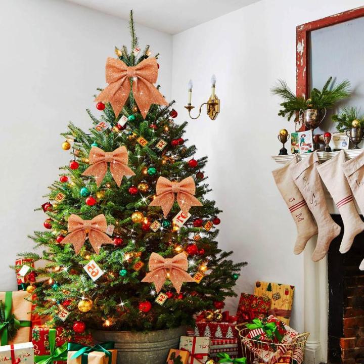1 + 4 stuks roségouden strikken kerstkerstboomstrikken, glitter kerstboomversiering voor familiefeesten, feestdecoratie voor Kerstmis, vakantie, bruiloft, feesten (2 maat)