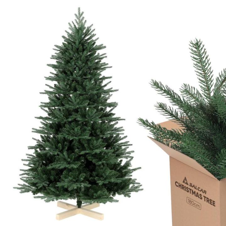 Kunstkerstboom 180 cm, kunstdennenboom van PE en pvc, met handschoenen en houten standaard, als kerstdecoratie voor binnen
