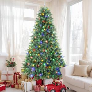 Kunstkerstboom met verlichting, 150 cm, kunstkerstboom met 250 warmwitte en meerkleurige ledlampen, 8 lichtmodi, 642 PE- en pvc-takpunten, opvouwbare metalen standaard