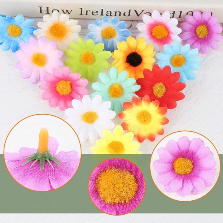 100 stuks mini kunstmatige zonnebloemhoofden kunstmatige gerbera madeliefje bloemen hoofden voor doe-het-zelf handwerk (gemengd)