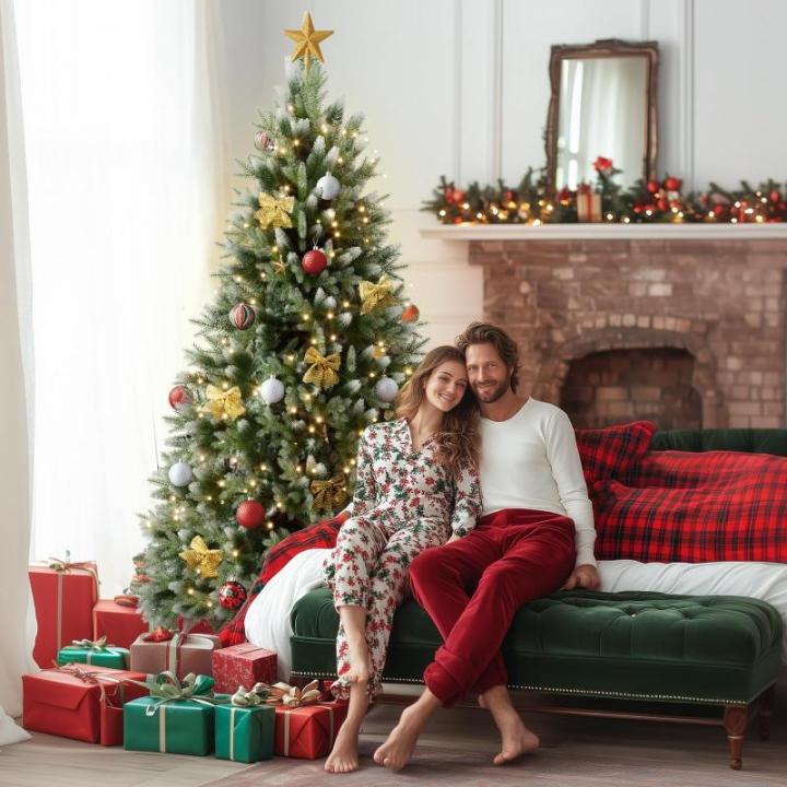 Kunstkerstboom met sneeuweffect, dennenappels, verlichting, 150 cm, automatische dennenboom, kunstkerstboom van pvc en PE, met houten standaard, Nordmann-spar, moeilijk ontvlambare