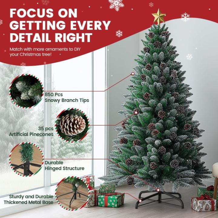 Nordmann-kerstboom met sneeuweffect en dennenappels, 210 cm, kunstdennenboom, pvc, met metalen standaard, moeilijk ontvlambare kerstboom voor kerstdecoratie, herbruikbaar