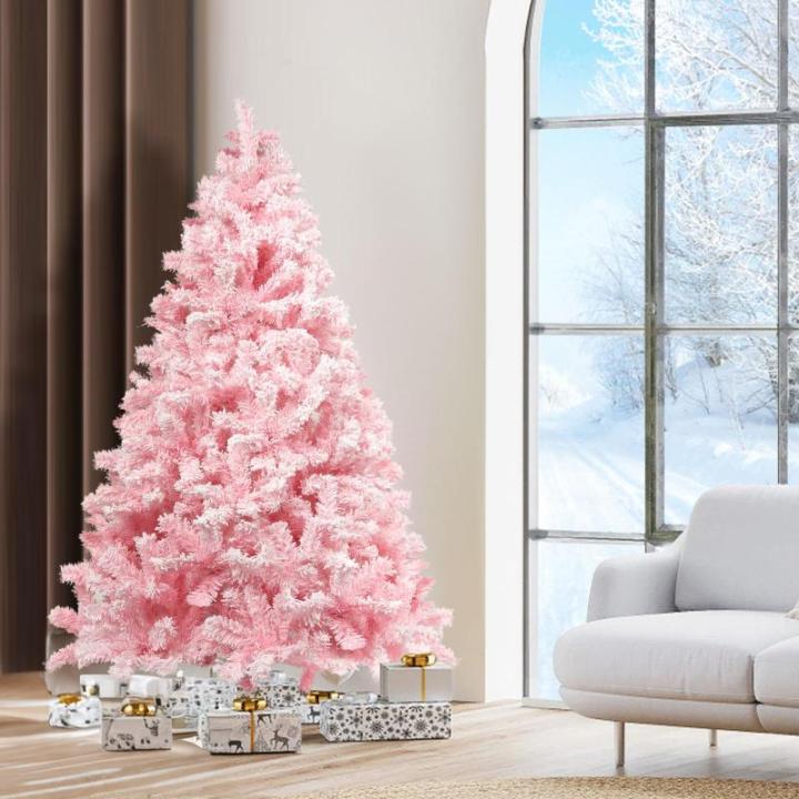 150 cm kerstboom bevlokt roze met volle vlokken decoratie met sneeuwvlokken, 600 takjes, dennenbladeren van pvc en stabiele basis, kerstboom voor kerstdecoraties