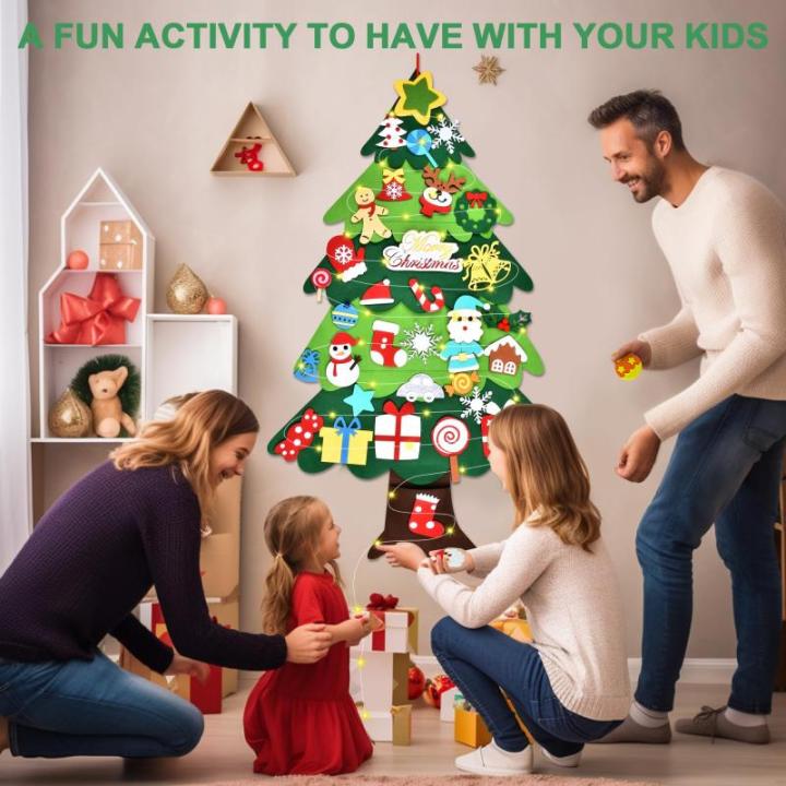 Vilten kerstboom voor kinderen, 3,3FT DIY muur opknoping kerstboom set, kinderen vilten kerstboom met 34 ornamenten en 5 m licht touw, ideaal voor thuis deur raam decoratie