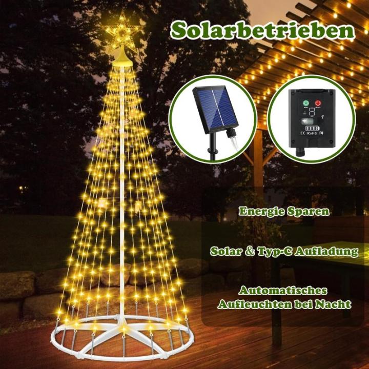 Kerstboom op zonne-energie, metaal, grote kegelvorm, 250 leds, lichtboom, 8 modi, waterdicht, kerstverlichting, buitenverlichting, kerstverlichting voor tuin, balkon, kerstdecorati
