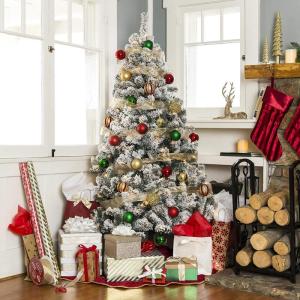 9,8 Fuß hochwertiger beflockter Schnee-Weihnachtsbaum, unbeleuchteter Weihnachtsbaum mit Scharnier und Metallständer, umweltfreundliche PVC-Zweigspitzen für die modische Weihnac