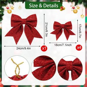 1 + 4 stuks rode strikken kerstkerstboomstrikken, glitter kerstboomversiering voor familiefeesten, feestdecoratie voor Kerstmis, vakantie, bruiloft, feesten (2 maat)