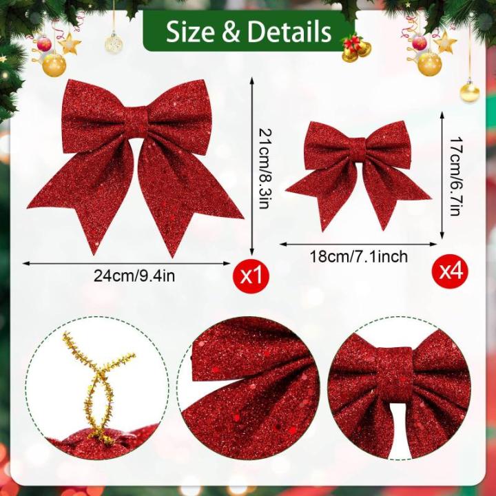 1 + 4 stuks rode strikken kerstkerstboomstrikken, glitter kerstboomversiering voor familiefeesten, feestdecoratie voor Kerstmis, vakantie, bruiloft, feesten (2 maat)