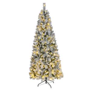 2,13 m Langer, schmaler, mit Schnee beflockter Weihnachtsbaum mit Beleuchtung – hochwertiger künstlicher Weihnachtsbaum mit Scharnier, 320 nachlaufenden LED-Lichtern, Dicker, we