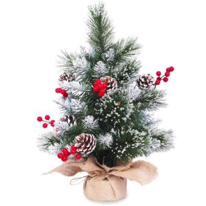 Tafelkerstboom, kleine kerstboom, 6 dennenappels, 6 bessen, 50 takjes (kunstparels en dunne kunstsneeuw), pluizig en realistisch, geeft een feestelijke toon, 5 meter