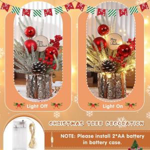 LED Weihnachtsbaum Deko,37CM Kleiner Weihnachtsbaum mit Beleuchtung Kleiner Tannenbaum Künstlich mit Tannenzapfen Beere Weihnachtsbaum Holz Weihnachtsgesteck für Tischdeko Weihna