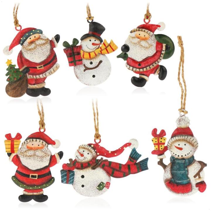 6x metalen voor de kerstboom - kerstboomversieringen van metaal - kerstversieringen met sneeuwpop en kerstman (6 stuks - Kerstman + sneeuwpop - klein)