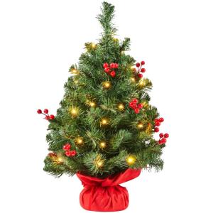 50 cm mini-kunstkerstboom met 35 warmwitte ledlampen en 40 rode bessen, kleine kerstboom, tafel, dennenboom voor kerstdecoratie, groen