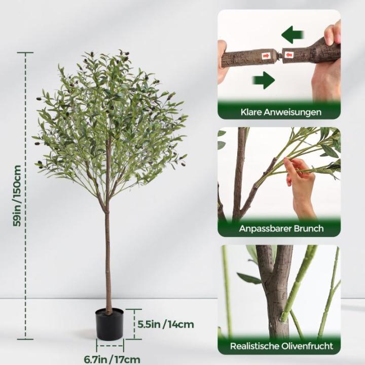 Olijfboom, kunstplant, 150 cm, grote zoals een echte kunstolijfboom, met pot, voor binnen, thuis, slaapkamer, kantoor, tuin, bruiloft, party, decoratie (1 stuks)
