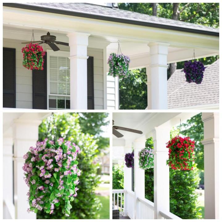 Opknoping mand, nep opknoping plant, zijde orchidee bloemen, faux bloem arrangement voor buiten tuin tuin tuin zakje patio indoor woondecoratie (Violet)