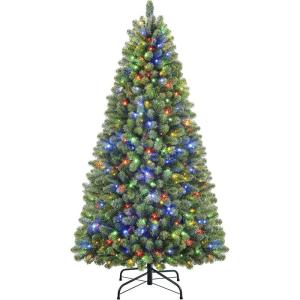 Kunstkerstboom met verlichting, 229 cm, kunstkerstboom met 470 warmwitte en meerkleurige ledlampen, 8 lichtmodi, 1264 pvc-takken, opvouwbare metalen standaard