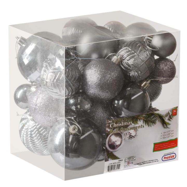 grijze kerstbalornamenten voor kerstversiering - 36 stuks kerstboom onbreekbare ornamenten met ophanglus voor vakantie- en feestdecoratie (combo van 6 stijlen in 3 maten)