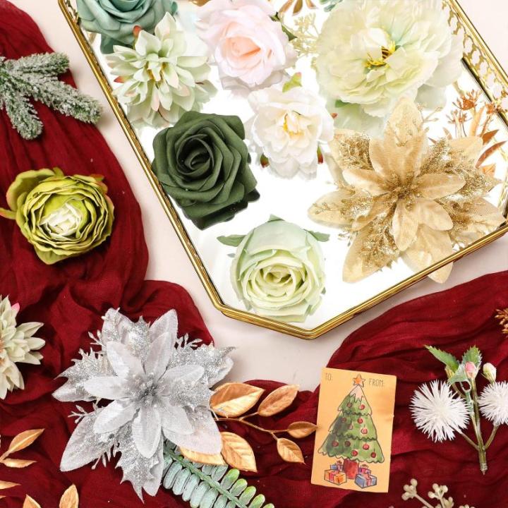 Kunstkerststerren, zijden bloemen, kunstrozen met stelen voor bruiloft, bruidsboeketten, tafeldecoratie, kerstdecoratie (goud, zilver en lichtgroen)