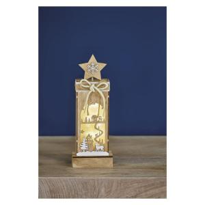 Lichtgevend winterlandschap van hout, 3 leds warm wit licht, kerstdecoratie, IP20 binnen, werkt op batterijen (2 x AA), 10.000 uur levensduur, 6/18 uur timer, 0,3 watt, 12 x 5 x 34