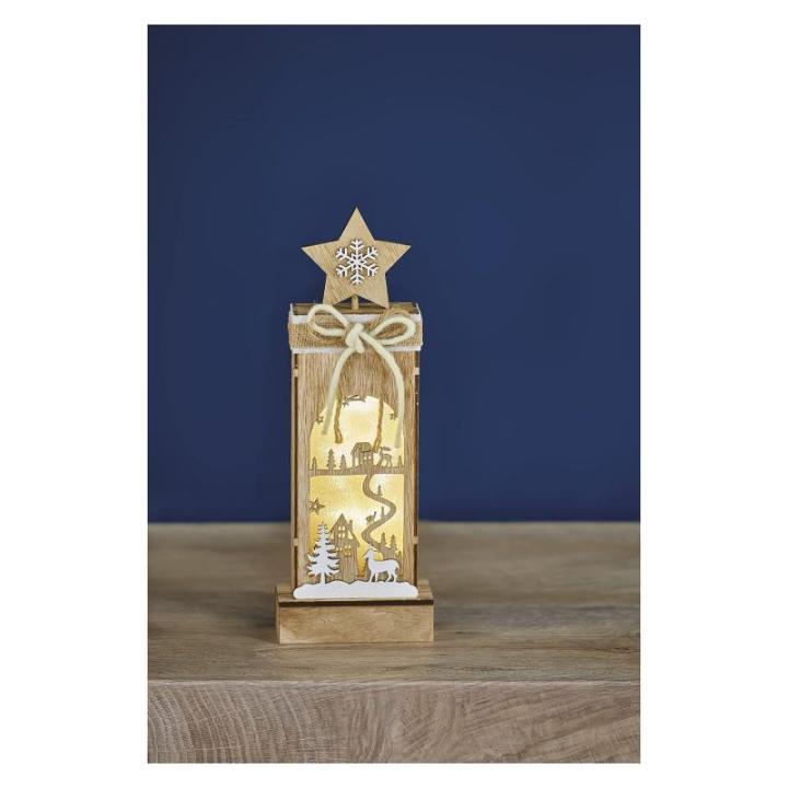 Lichtgevend winterlandschap van hout, 3 leds warm wit licht, kerstdecoratie, IP20 binnen, werkt op batterijen (2 x AA), 10.000 uur levensduur, 6/18 uur timer, 0,3 watt, 12 x 5 x 34