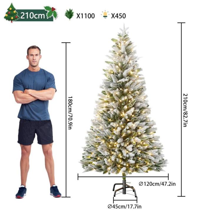 Kunstkerstboom met 450 ledverlichting, 210 cm premium kunstkerstboom met natuurwitte sneeuwvlokken, 1100 takpunten, van PE en pvc dennennaalden, snel op te bouwen, klapsysteem