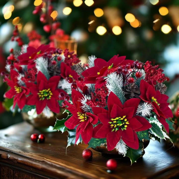 4 stuks kunstkerstster, dennentakken, kunstbloemen met kerstbloemen, rood, kunstdennentakken, kunstbloemen, kerstboeket, kunstkerststerren