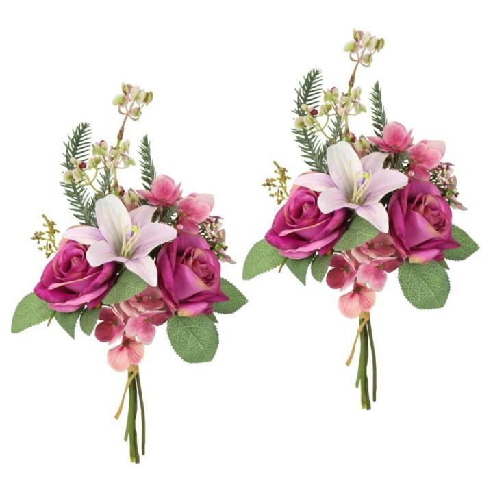 Kunstblumen-Strauß Rosen Lilien Hortensie 35cm 2er Set Blumensträuße Seidenblume Dekoblume Bouquet Hochzeit Blume Mittelstück Tischdeko unecht Grableger Grabschmuck Aufleger Gr