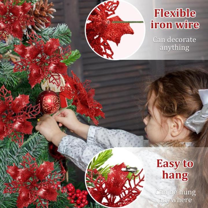 Kunstkerstbloemen, kerstboom bloemen met 15 clips, glitterbloemen, Kerstmis, kunstbloemen voor Kerstmis (rood)